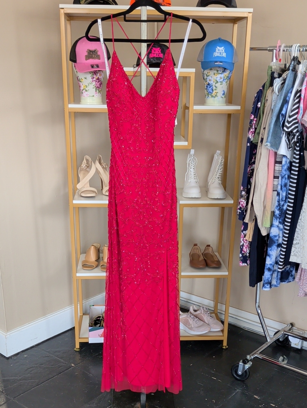 Strappy Beaded Red Evening Gown